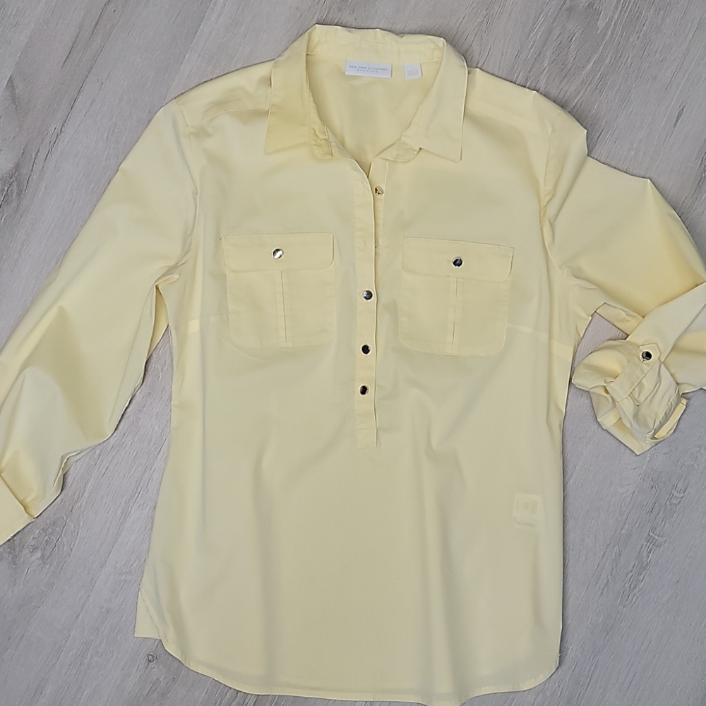 New York & Company small button up yellow Tunic w/ Pockets 3/4 length sleeve[78]